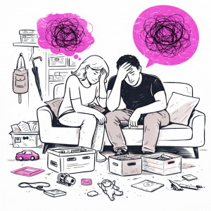 Illustration eines erschöpften Elternpaars in einem chaotischen Wohnzimmer mit pinken Gedankenblasen – Symbol für mentale Überforderung bei ADHS.