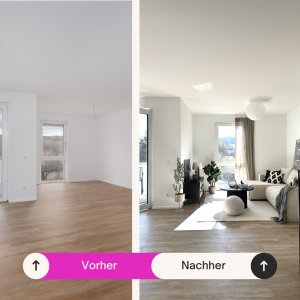 Vorher Nachher Home Staging: leerer Wohnraum wird zu modern eingerichteter, verkaufsstarker Wohnung